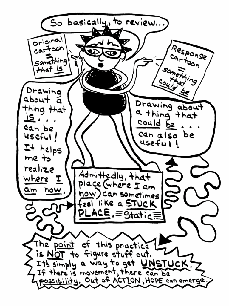 A human figure is depicted in the midst of speech bubbles and text boxes with arrows in various directions drawing connections between them. The text reads: So basically, to review... Original cartoon = something that is Response cartooon = something that could be Drawing about a thing that is...can be useful! It helps me to realize where I am now. Drawing about a thing that could be...can also be useful! Admittedly, that place (where I am now) can sometimes feel like a STUCK PLACE. Static. The point of this practice is NOT to figure stuff out. It's simply a way to get UNSTUCK. If there is movement, there can be possibility. Out of ACTION, HOPE can emerge.