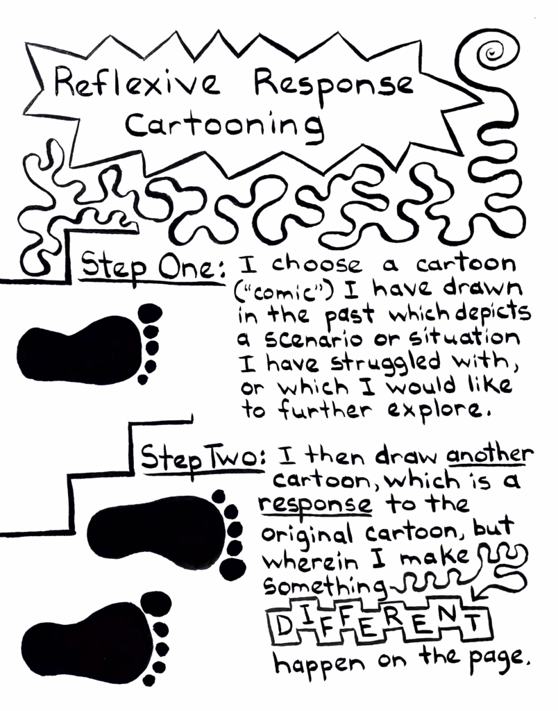 An outline for Reflexive Response Cartooning (text): Step One: I choose a cartoon ("comic") I have drawn in the past which depicts a scenario or situation I have struggled with, or which I would like to further explore. Step Two: I then draw another cartoon, which is a response to the original cartoon, but wherein I make something different happen on the page.