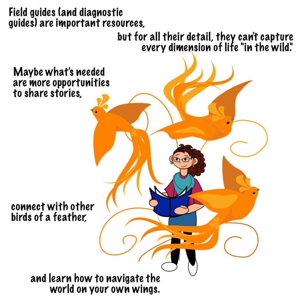 The final panel of the comic shows the author, again smiling, holding an open blue book in the midst of three bright orange, phoenix-like birds. The text reads: "Field guides (and diagnostic guides) are important resources, but for all their detail, they can't capture every dimension of life "in the wild." Maybe what's needed are more opportunities to share stories, connect with other birds of a feather, and learn how to navigate the world on your own wings."