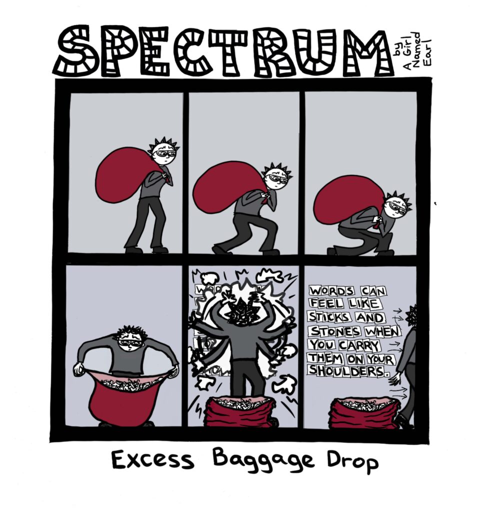 Image: a six-panel cartoon, arranged as a three over three. Top title: “SPECTRUM” in large, striped letters, “by A Girl Named Earl” written sideways Top three panels: In each panel the main character is holding a giant red sack slung over one shoulder. In the first panel, the character stands up straight. In the second panel their knees begin to buckle beneath the weight of the sack. In the third panel, the main character has completely crumpled beneath the huge red sack. Bottom left panel: The main character has set the sack down, opened it, and is looking inside at a huge jumble of letters. Bottom center panel: The main character faces away from the viewer to paste letters up on the wall so fast they seem to have six arms. There is a dust-cloud of busy raised around them from their work. Bottom right panel: The main character walks away, followed by movement lines and direction arrows, leaving the huge sack and the message they have pasted on the wall: “WORDS CAN FEEL LIKE STICKS AND STONES WHEN YOU CARRY THEM ON YOUR SHOULDERS.” Bottom caption: Excess Baggage Drop
