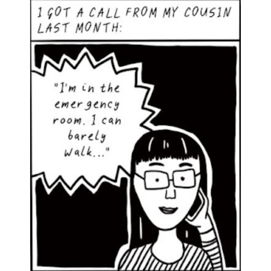 Panel one: Maja answers a phone call from her cousin, Monika, regarding a medical emergency.