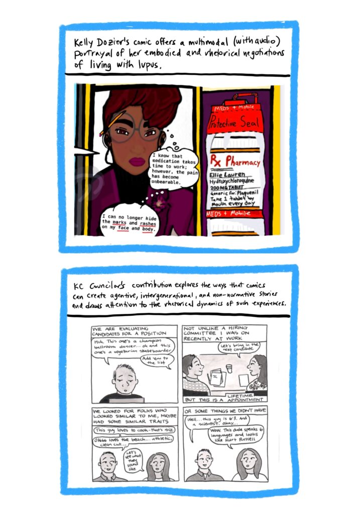Panel 19 Image: Section from Kelly Dozier’s comic, which shows patient living with lupus thinking about how long her medication is taking to work and how she can’t hide the marks and rashes caused by the disease. Section also shows a medication bottle for Plaquenil. Text: Kelly Dozier’s comic offers a multimodal (an audio file with music accompanies the comic) portrayal of her embodied and rhetorical negotiations of living with lupus. Panel 20 Image: Section from KC Councilor’s comic, which shows conversations with his partner about evaluating sperm donor candidates. Text: KC Councilor’s contribution explores the ways that comics can create agentive, intergenerational, and non-normative stories and draws attention to the rhetorical dynamics of such experiences.