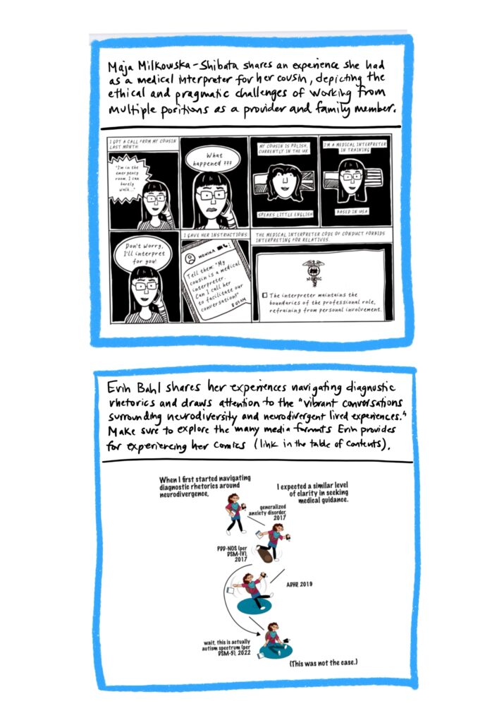 Panel 21 Image: Panel from Maja Milkowska-Shibata’s comic, which shows some of her ethico-professional challenges in medically interpreting for her cousin. Text: Maja Milkowska-Shibata’s comic shares her experience as a medical interpreter for her cousin, depicting the ethical and pragmatic challenges of working from her multiple positions as a provider and family member. Panel 22 Image: Panel from Erin Bahl’s comic, which shows her physically tripping and falling as a metaphor for challenges she has faced navigating diagnostic rhetorics. Text: Erin Bahl shares her experiences navigating diagnostic rhetorics and draws attention to the “vibrant conversations surrounding neurodiversity and neurodivergent lived experiences.”