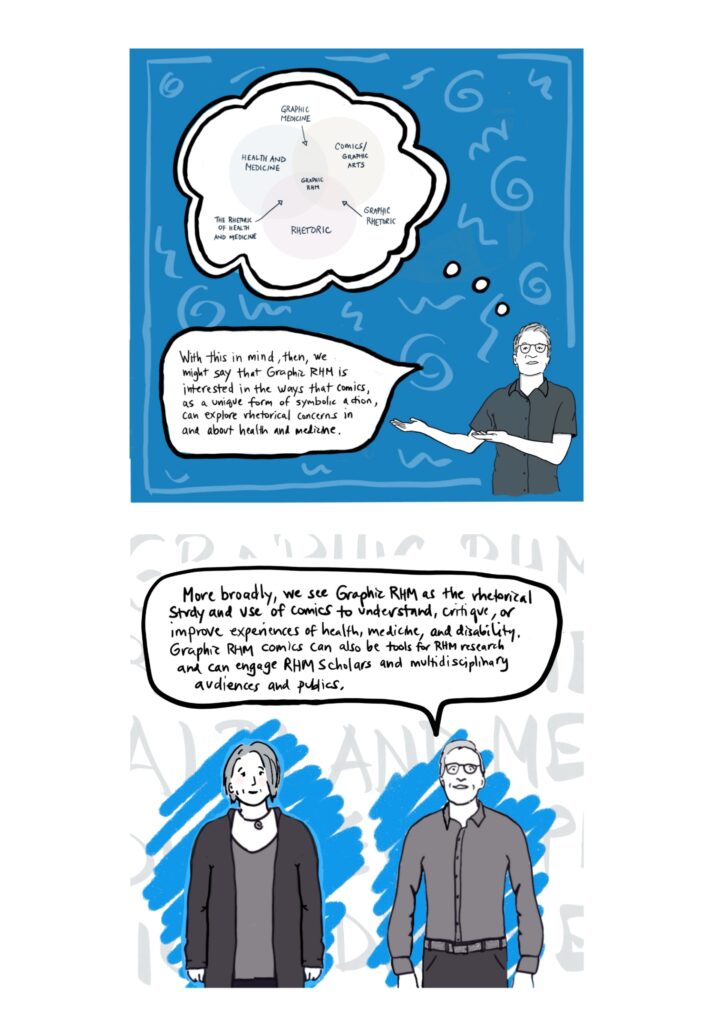 Panel 9 Image: Blake at bottom right of frame, with both arms pointing to explanation and Venn diagram to the left. Background is blue and has some lighter blue squiggle lines on it. Text: With this in mind, then, we might say that Graphic RHM is interested in the ways that comics, as a unique form of symbolic action, can explore rhetorical concerns related to health and medicine. Panel 10 Image: Catherine and Blake standing and facing reader, with arms down and Blake speaking. There are bright blue scribbles that make the greyscale images of Blake and Catherine stand out. There are also large greyed-out words on a white background that give texture to the image but are not fully legible because Blake and Catherine are in front of them; they would say “GRAPHIC MEDICINE THE RHETORC OF HEALTH AND MEDICINE” if you could see them fully. Text: More broadly, we see Graphic RHM as the rhetorical study and use of comics to understand, critique, or improve experiences of health, medicine, and disability. Graphic RHMC comics can also be tools for RHM research and can engage RHM scholars and multidisciplinary audiences and publics.